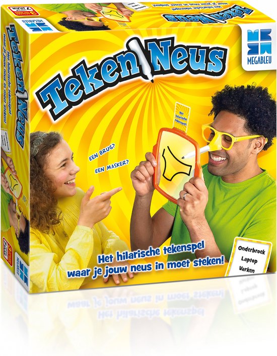Megableu TekenNeus - Hilarisch Tekenspel voor de Hele Familie - Met Bril en Uitwisbaar Bord - Familiespel Vanaf 7 Jaar - Origineel Gezelschapsspel