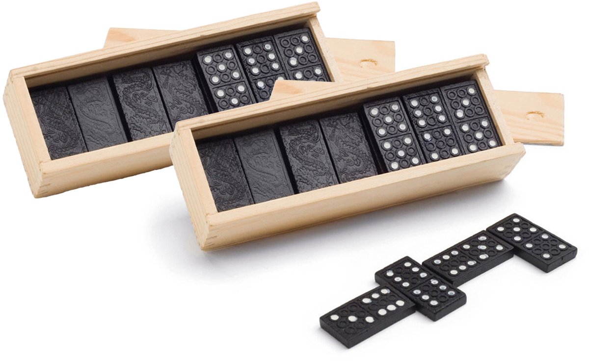 Domino spel 56x stuks steentjes in houten kistje - Gezelschapsspel - Familiespel - Klassiek dominospel