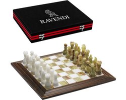 Ravendi Smaragd – Luxe Marmeren Schaakset – Met Houten Randen – Handgemaakt Decoratief Schaakbord met Schaakstukken – 31x31 cm – Onyx Stone Chess Set – Premium Schaken – Schaakspel – Met Luxe Opbergsysteem – Home Decor – Ideaal cadeau