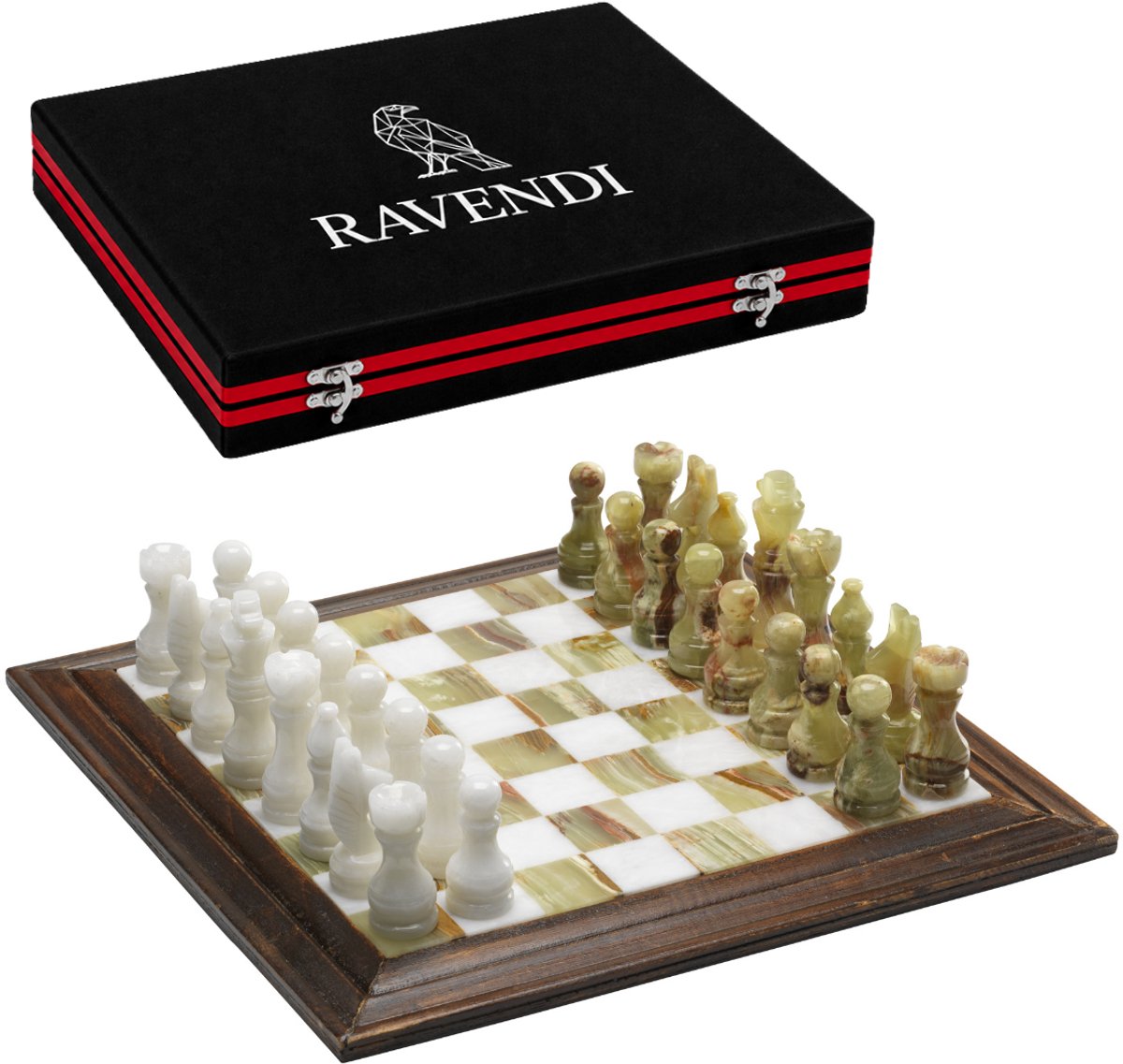 Ravendi Smaragd – Luxe Marmeren Schaakset – Met Houten Randen – Handgemaakt Decoratief Schaakbord met Schaakstukken – 31x31 cm – Onyx Stone Chess Set – Premium Schaken – Schaakspel – Met Luxe Opbergsysteem – Home Decor – Ideaal cadeau