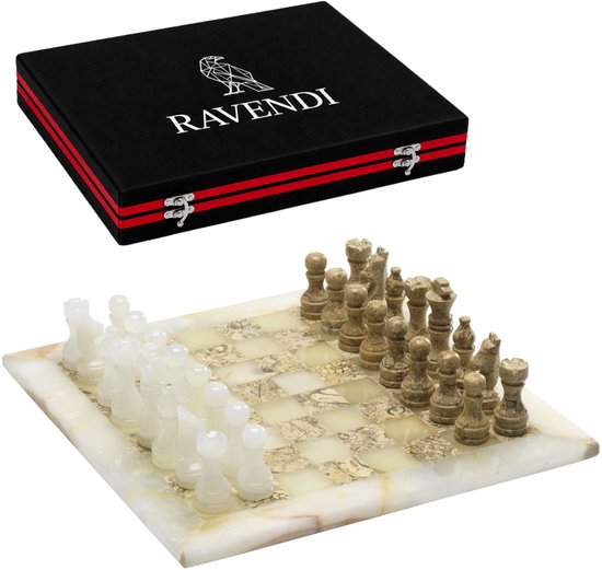 Ravendi Regalia – Luxe Marmeren Schaakset – Witte Onyx en Koraalsteen – Handgemaakt Decoratief Schaakbord met Schaakstukken – 31x31 cm – Coral Stone Chess Set – Premium Schaken – Schaakspel – Met Luxe Opbergsysteem – Home Decor – Ideaal cadeau