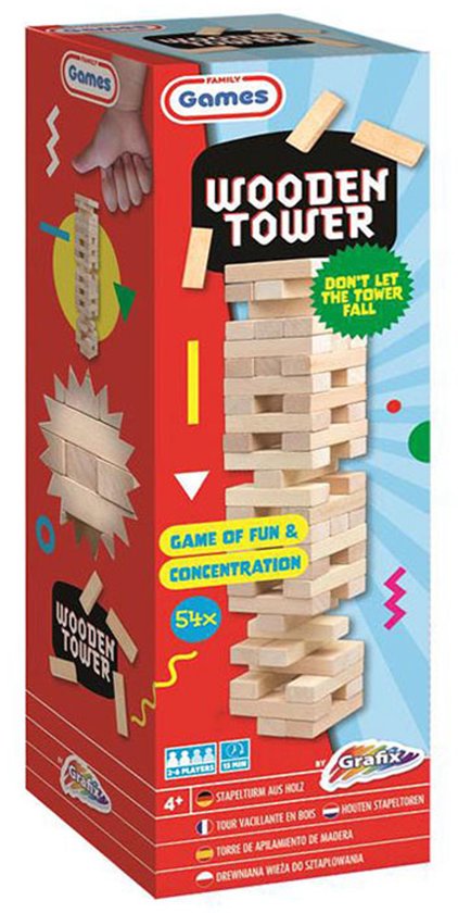 Grafix houten stapeltoren spel - 54 blokken - gezelschapsspel.