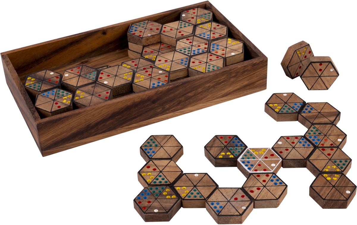 Hexa Domino – Houten Strategiespel – Zeshoekig Dominospel – Hexagon Denkspel – Logisch Gezelschapsspel – Acaciahout