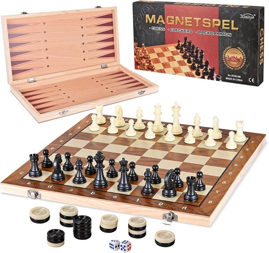 Schaakstenen - Hout - Opvouwbaar Schaakbord met Berging - 3-in-1 Bordspel voor Schaken, Dammen en Backgammon - Voor Kinderen en Volwassenen