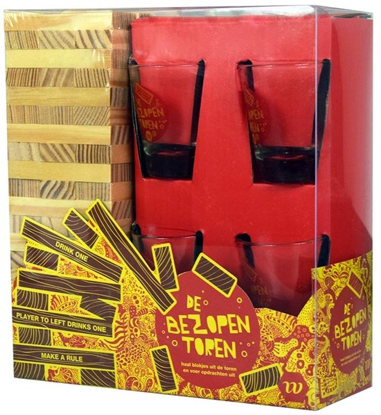 Vallende Toren Drankspel - Shotjes - 60 Houten Blokjes - Bedrukt Met Opdrachten - Incl. 4 shotglazen - Jenga - De Bezopen Toren