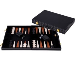 Backgammon 18 inch - Bruin & Ivoor Gestikt Bord - Zwarte Koffer met Handvat - Luxe Reiseditie - Engelhart