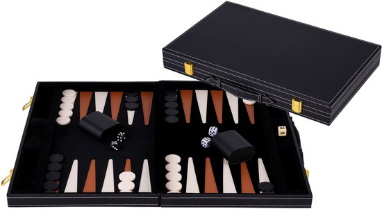 Backgammon 18 inch - Bruin & Ivoor Gestikt Bord - Zwarte Koffer met Handvat - Luxe Reiseditie - Engelhart
