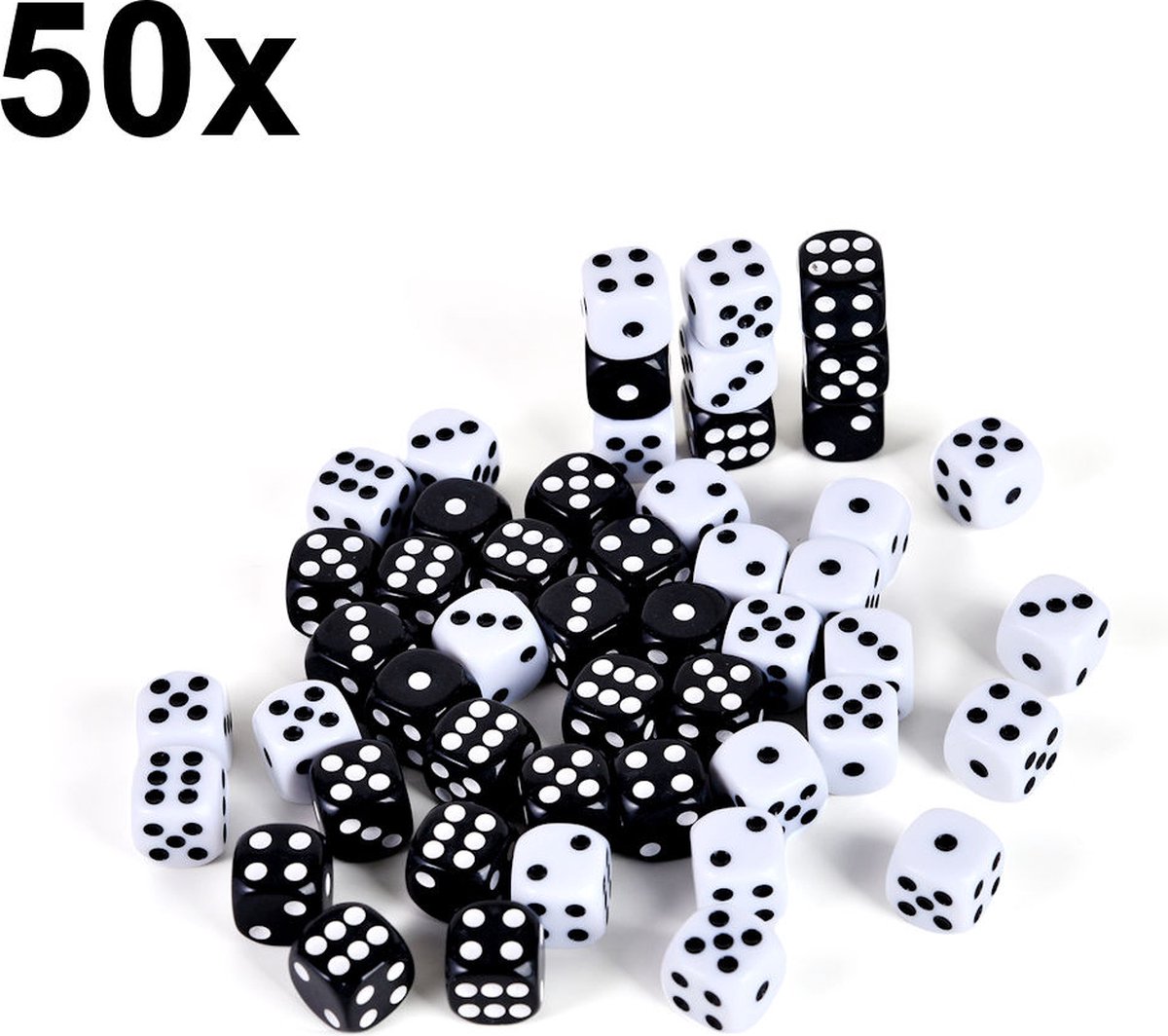 Decopatent - 50 STUKS Dobbelstenen ZWART en WIT - Set: 25x Zwart & 25x Witte Dobbelsteen - Afm 1.6 x 1.6 x 1.6 Cm - Dice - Dobbelen - Dobbelstenenset voor Bordspellen - Yahtzee - Bordspel - Gezelschapsspel - Voor Dobbelsteen Spelletje