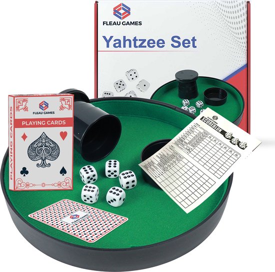 Fleau Games Yathzee Set met Scoreblok - Dobbelsteenbak - Kaartenset - 100 Scorebladen - Pitjesbak - Dobbelspel / Gezelschapsspel