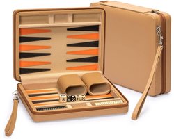 Aura® Backgammon Koffer – Luxe Backgammon Set – Lederen Bordspel – Geel - 24cm x 23cm x 1 cm