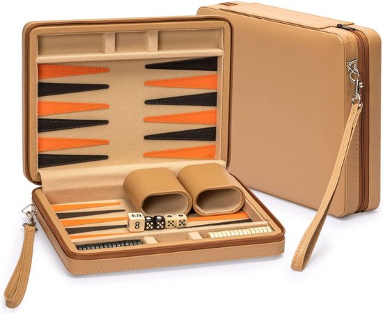 Aura® Backgammon Koffer – Luxe Backgammon Set – Lederen Bordspel – Geel - 24cm x 23cm x 1 cm