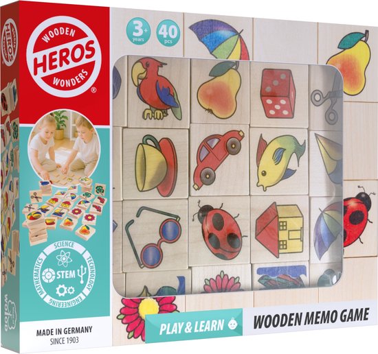 Heros Houten Memospel – Bordspel – 40 Stuks – Educatief Geheugenspel – FSC Hout – Gemaakt in Duitsland – Vanaf 3 Jaar