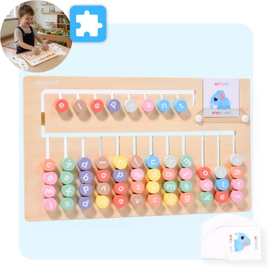 Mauzek® Spellingbord - Montessori speelgoed - Leren lezen - Houten speelgoed - Letters leren - Alfabet leren - Spellen - Educatief speelgoed - Sensorisch - Peuter speelgoed - Kleuter - Jongens - Meisjes - 3 jaar - 4 jaar - 5 jaar - 6 jaar - 7 jaar