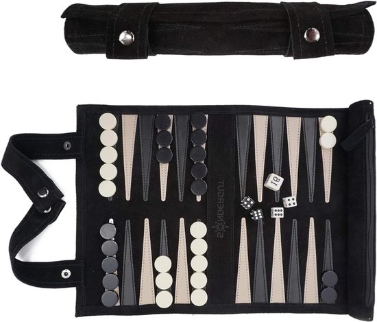 Quvo® Backgammon Koffer – Luxe Backgammon Set – Lederen Bordspel – Reisspel Set - Draagbaar – Set Voor 2 Spelers - 35 x 25 cm - Zwart - 26cm x 6cm x 6cm