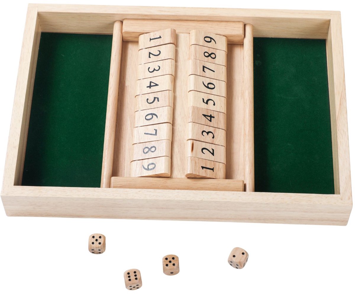 Shut The Box Dubbel – 34 x 24 cm – Rubberhouten Dobbelspel met Ingelegd Vilt – Inclusief 4 Dobbelstenen – Gezelschapsspel – Engelhart