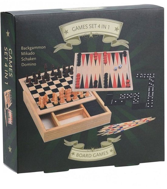 Houten Spellendoos 4 in 1 met schaken - backgammon - domino - mikado - 17x17cm - reiseditie