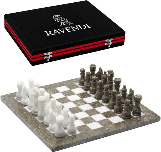 Ravendi Échelon – Luxe Marmeren Schaakset – Onyx & Wit Marmer – Handgemaakt Decoratief Schaakbord met Schaakstukken – 31x31 cm – Sanddune & White Chess Set – Premium Schaken – Schaakspel – Met Luxe Opbergsysteem – Home Decor – Ideaal cadeau