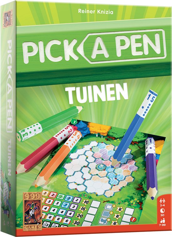 999 Games - Pick a Pen - Tuinen - Dobbelspel - Dobbelen met potloden - Scorevellen van 3 verschillende niveaus - Gezelschapsspel - Familiespel - Klein cadeautje - bevat spelregels in NL en EN