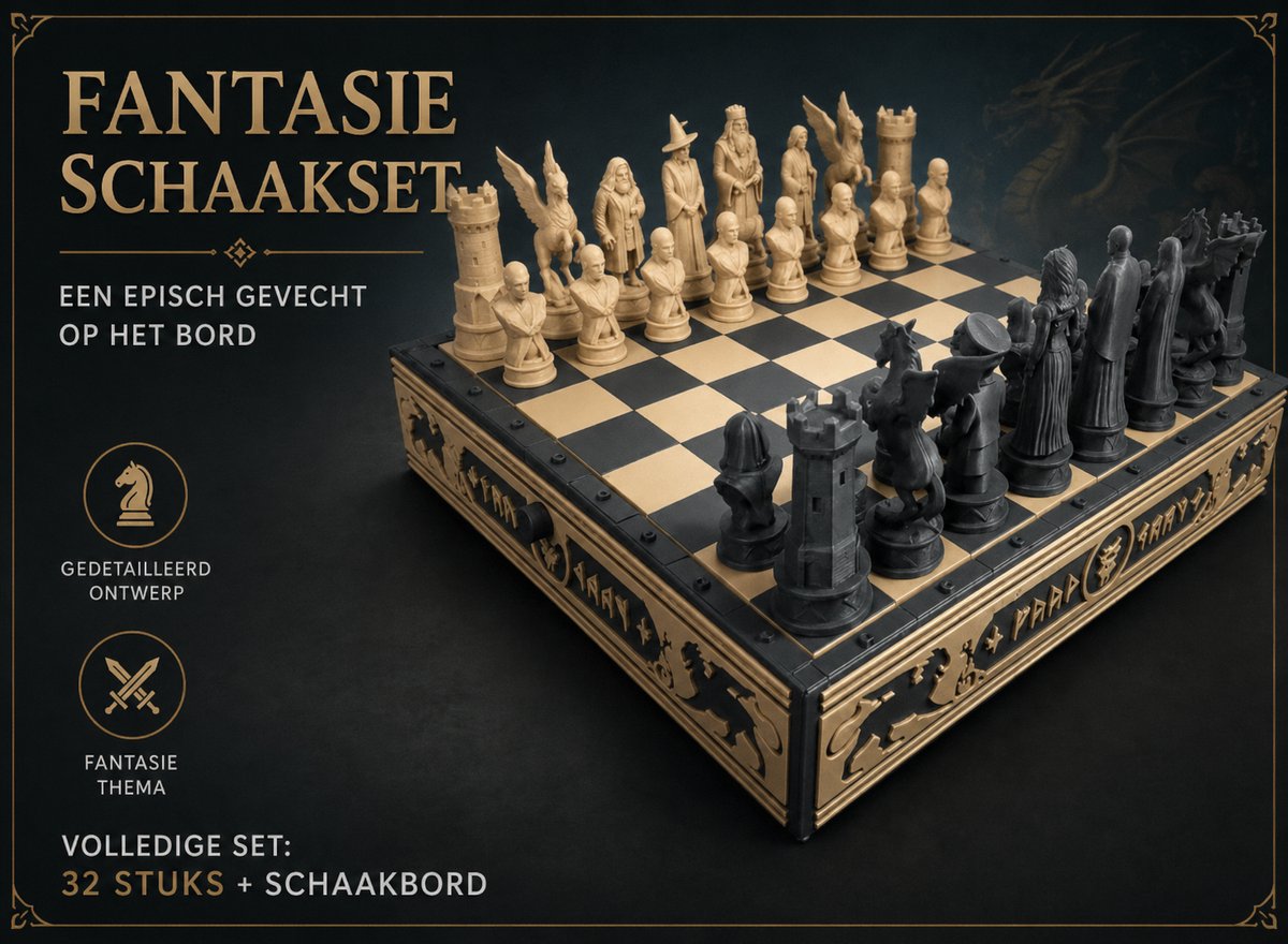 Fantasy Schaakset met Schaakbord – 32 Gedetailleerde Schaakstukken – Fantasie Thema – Decoratief Schaakbord – Decoratief Bordspel Cadeau