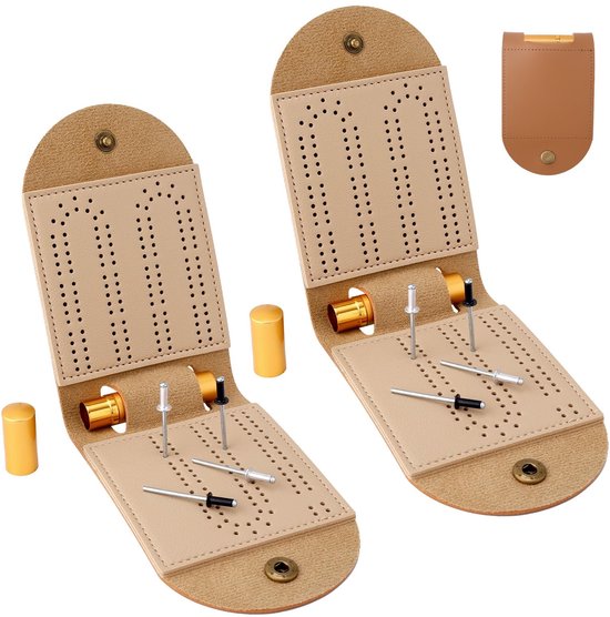 BRENZOOS- Cribbage Bordspel Draagbaar - 2 Sets - Opvouwbaar - PU - Metalen Pinnen - 26,2x8cm - Ideaal voor Familie en Vrienden