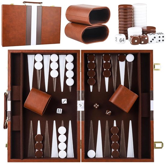 Dailygoods- Backgammon Koffer - Houten Set - Draagbaar - 2 Spelers - Opvouwbaar - Hoogwaardige Leren Tas - Geschikt voor Leeftijd 8+ - Bordspel