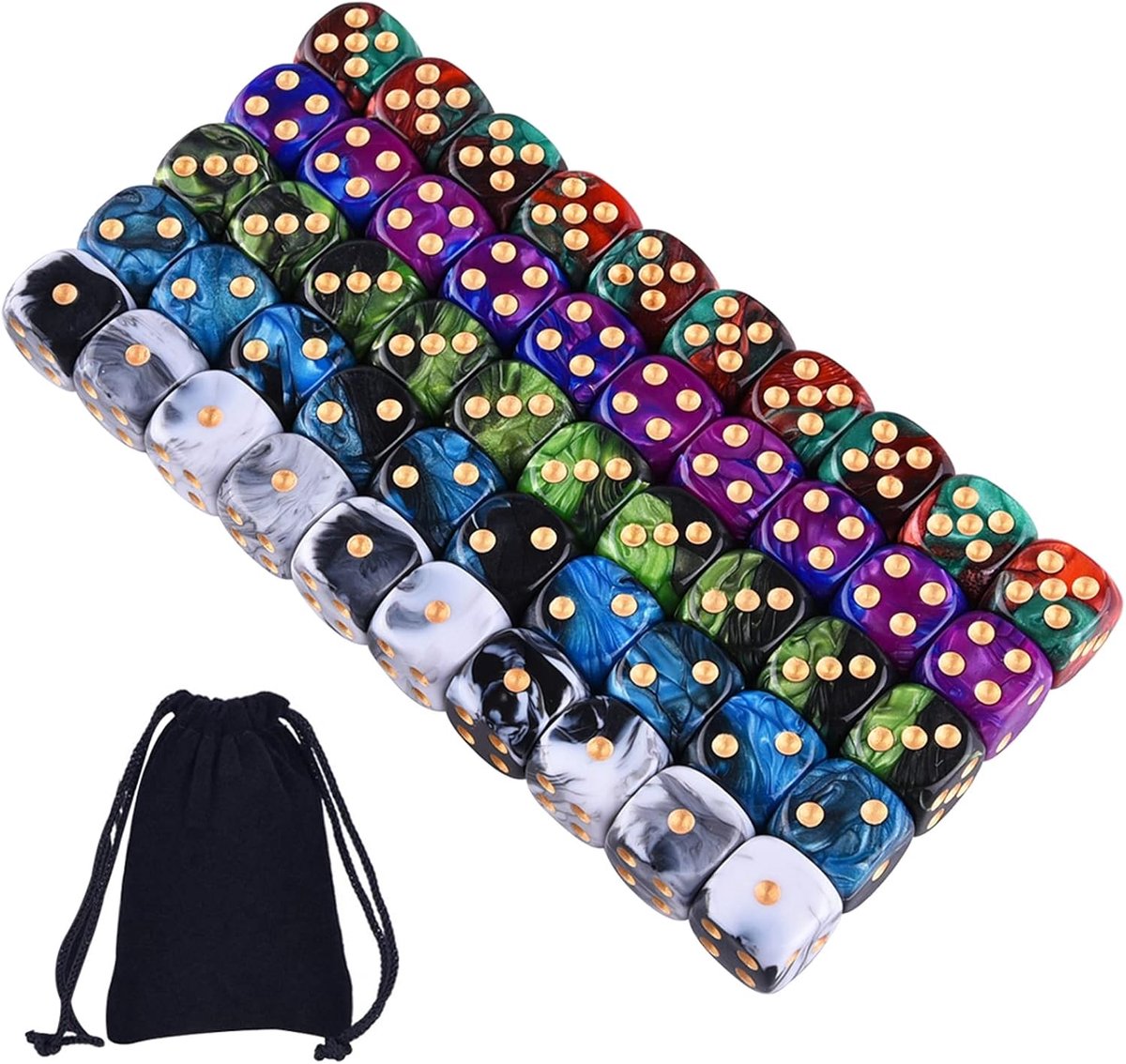 SnelShoppen - 50 Stuks 6-zijdige Dobbelstenen Set met 5 Kleuren, Eco-vriendelijk Acryl, Gratis Zakje, Ideaal voor Spellen zoals Tenzi, Farkle, Yahtzee