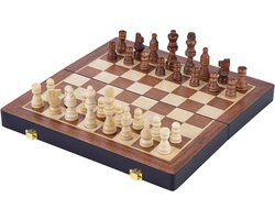 Schaakspel Deluxe Inklapbaar – Houten Schaakset van Essenhout – Luxe Bruin Schaakbord 45.5 x 45.5 x 6.8 cm – Opklapbaar & Compact – Engelhart