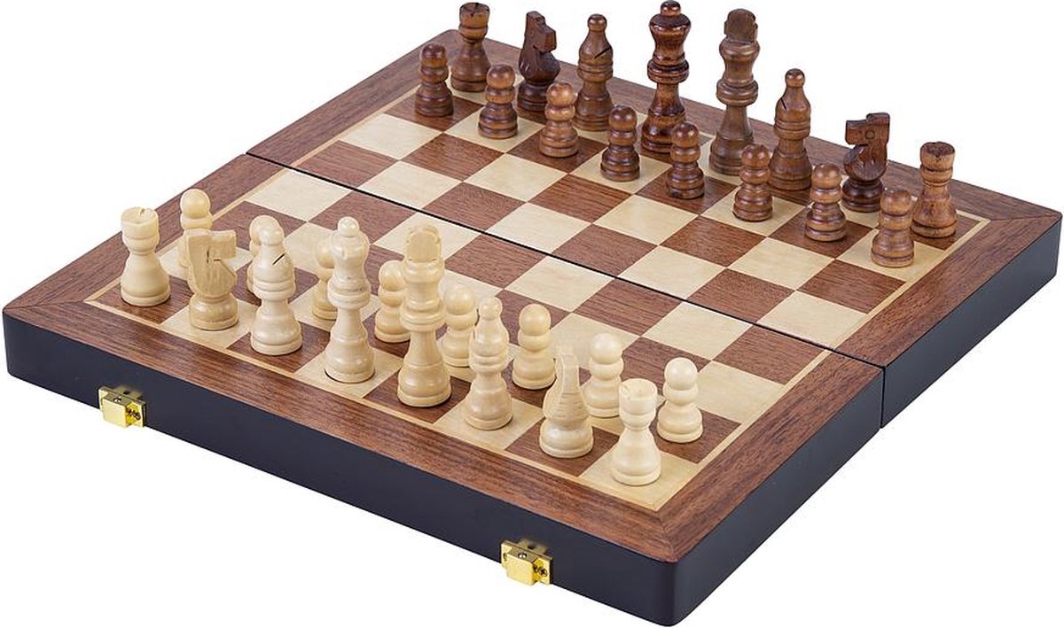 Schaakspel Deluxe Inklapbaar – Houten Schaakset van Essenhout – Luxe Bruin Schaakbord 45.5 x 45.5 x 6.8 cm – Opklapbaar & Compact – Engelhart