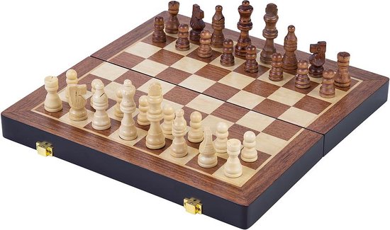 Schaakspel Deluxe Inklapbaar – Houten Schaakset van Essenhout – Luxe Bruin Schaakbord 45.5 x 45.5 x 6.8 cm – Opklapbaar & Compact – Engelhart