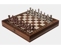 Handgemaakte houten schaakbord met opbergsysteem - Metalen Schaakstukken - Luxe uitgave - Schaakspel - Schaakset - Schaken - Chess - 32 x 32 cm