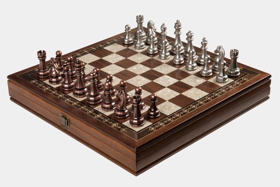 Handgemaakte houten schaakbord met opbergsysteem - Metalen Schaakstukken - Luxe uitgave - Schaakspel - Schaakset - Schaken - Chess - 32 x 32 cm