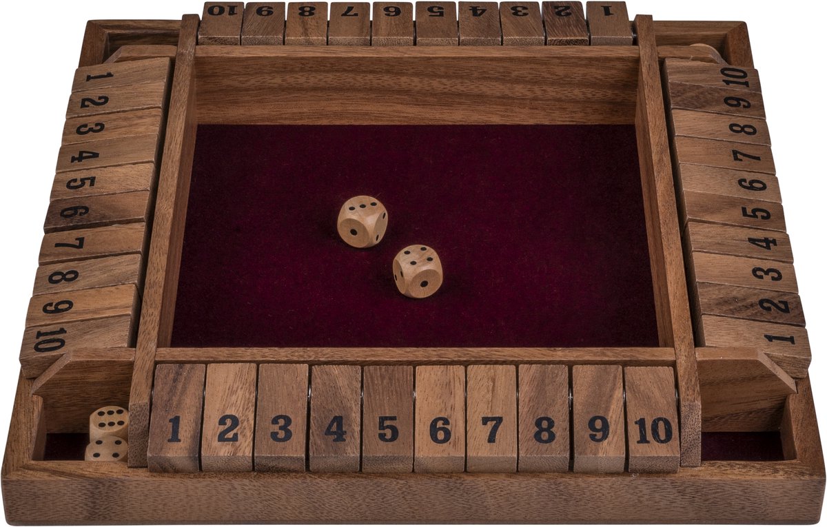 Shut The Box 4 Spelers – Walnoot Houten Dobbelspel – 29 x 29 cm – Met Ingelegd Vilt & 8 Houten Dobbelstenen – Gezelschapsspel – Engelhart