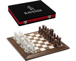 Ravendi Opal – Luxe Marmeren Schaakset – Met Houten Randen – Handgemaakt Decoratief Schaakbord met Schaakstukken – 31x31 cm – Onyx Stone Chess Set – Premium Schaken – Schaakspel – Met Luxe Opbergsysteem – Home Decor – Ideaal cadeau