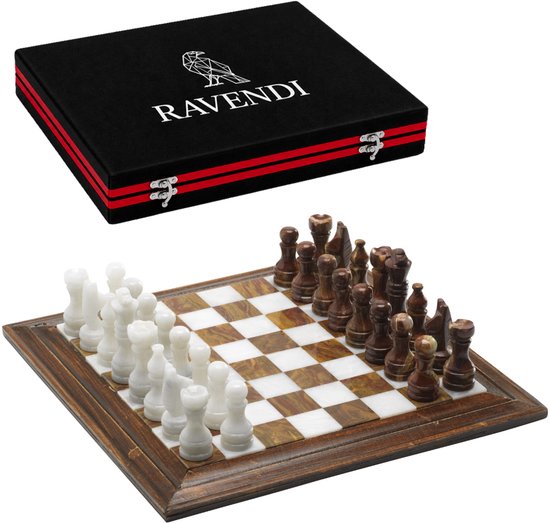 Ravendi Opal – Luxe Marmeren Schaakset – Met Houten Randen – Handgemaakt Decoratief Schaakbord met Schaakstukken – 31x31 cm – Onyx Stone Chess Set – Premium Schaken – Schaakspel – Met Luxe Opbergsysteem – Home Decor – Ideaal cadeau